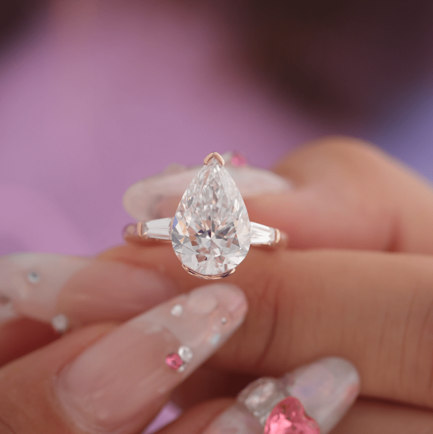 Pear-Cut Lab Diamond Three-Stone Ring with Half-Bezel Setting - FIORESE JEWELRY