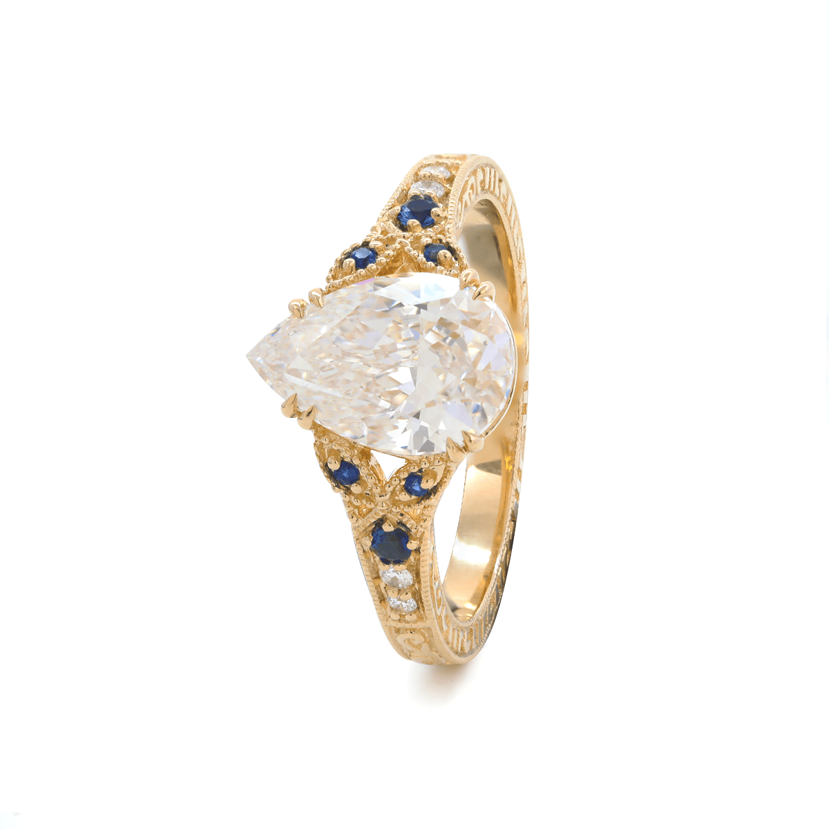 Pear Lab Diamond Ring with Round Lab Diamond and Lab Sapphire Side Stones — Millegrain Floral Engraving, Art Nouveau Nature-Inspired