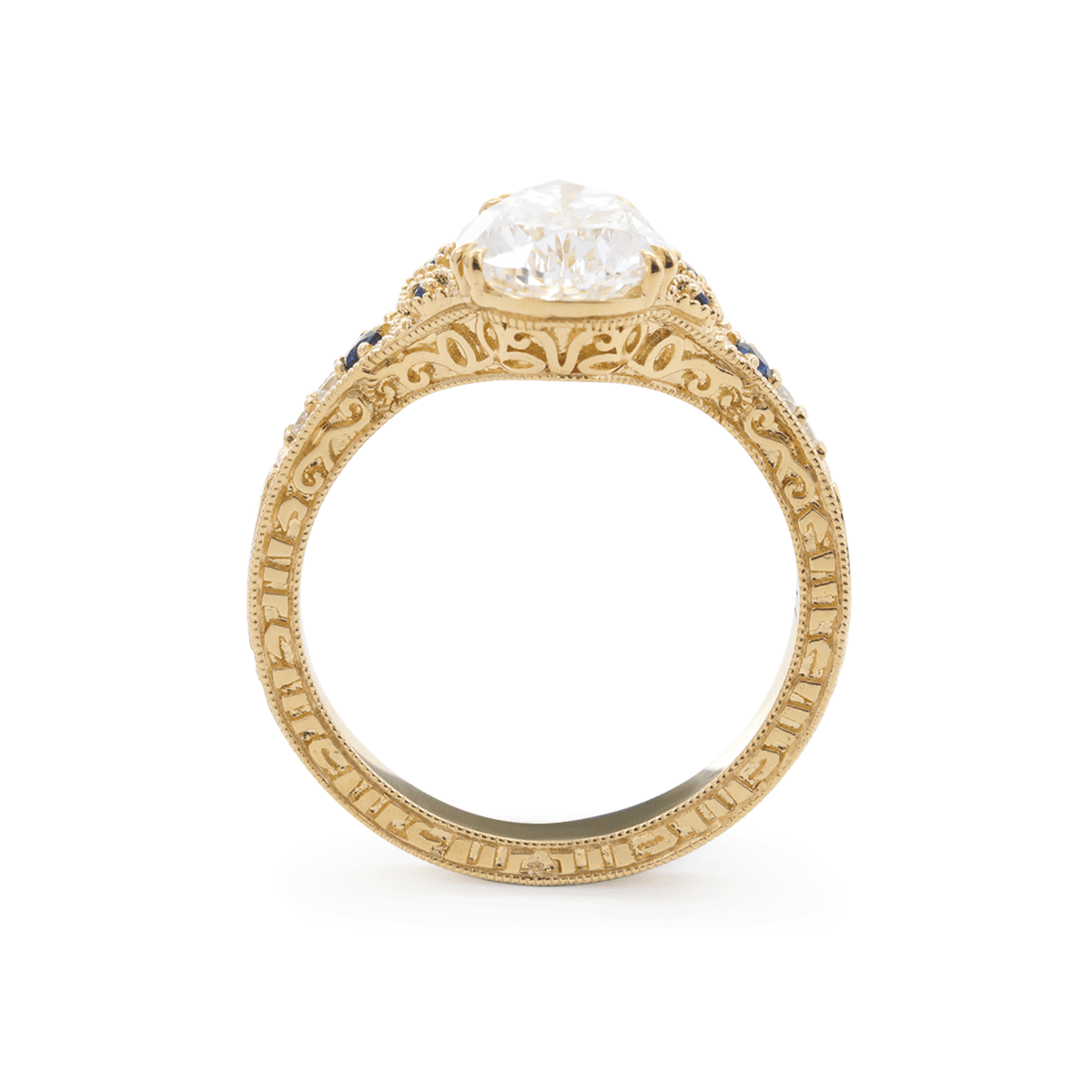 Pear Lab Diamond Ring with Round Lab Diamond and Lab Sapphire Side Stones — Millegrain Floral Engraving, Art Nouveau Nature-Inspired