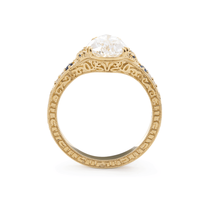 Pear Lab Diamond Ring with Round Lab Diamond and Lab Sapphire Side Stones — Millegrain Floral Engraving, Art Nouveau Nature - Inspired - FIORESE JEWELRY