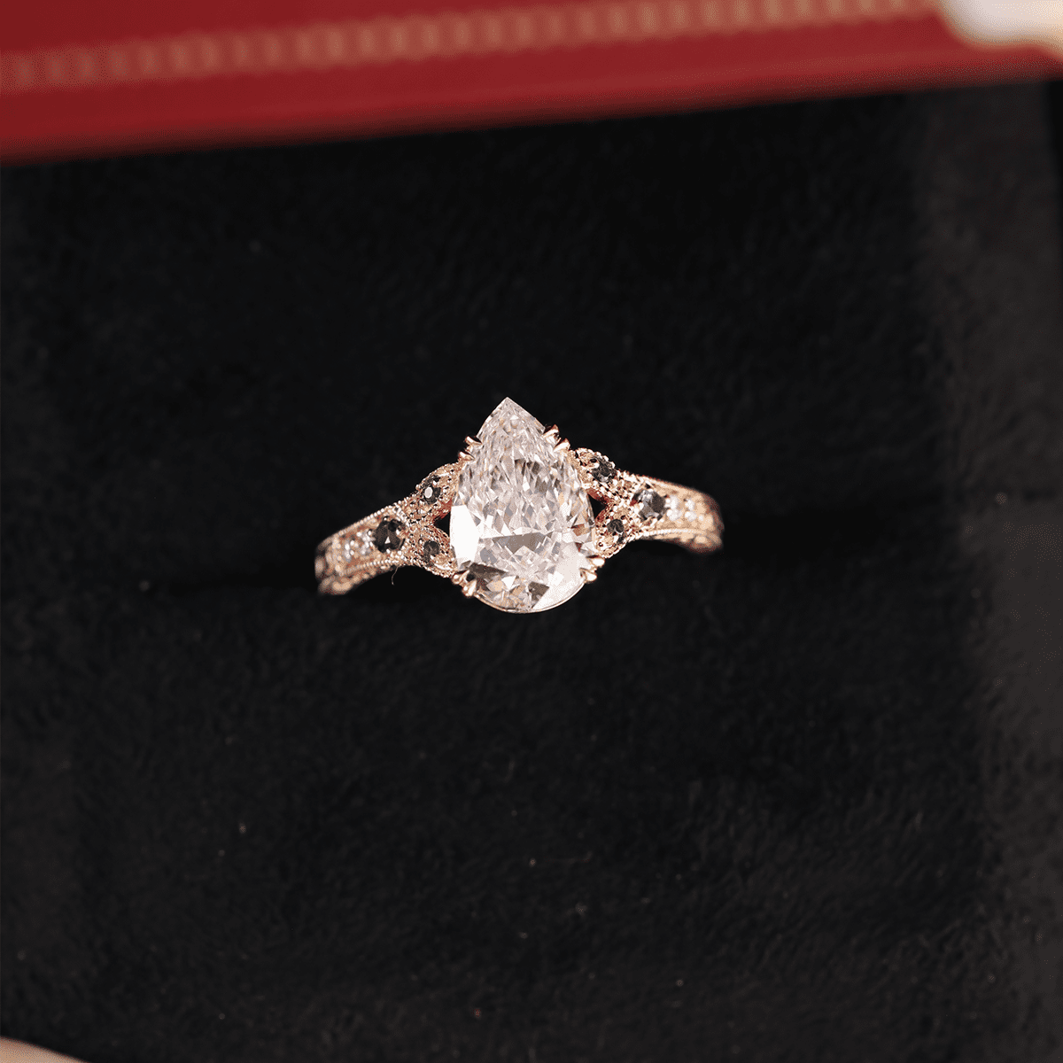 Pear Lab Diamond Ring with Round Lab Diamond and Lab Sapphire Side Stones — Millegrain Floral Engraving, Art Nouveau Nature-Inspired