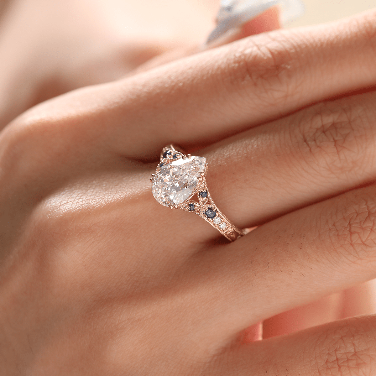 Pear Lab Diamond Ring with Round Lab Diamond and Lab Sapphire Side Stones — Millegrain Floral Engraving, Art Nouveau Nature-Inspired