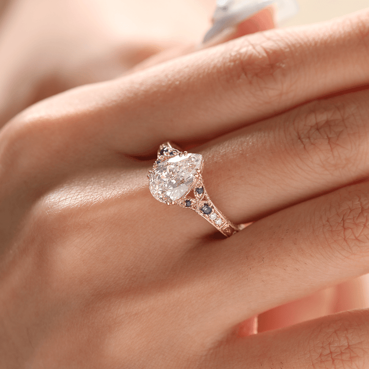 Pear Lab Diamond Ring with Round Lab Diamond and Lab Sapphire Side Stones — Millegrain Floral Engraving, Art Nouveau Nature - Inspired - FIORESE JEWELRY