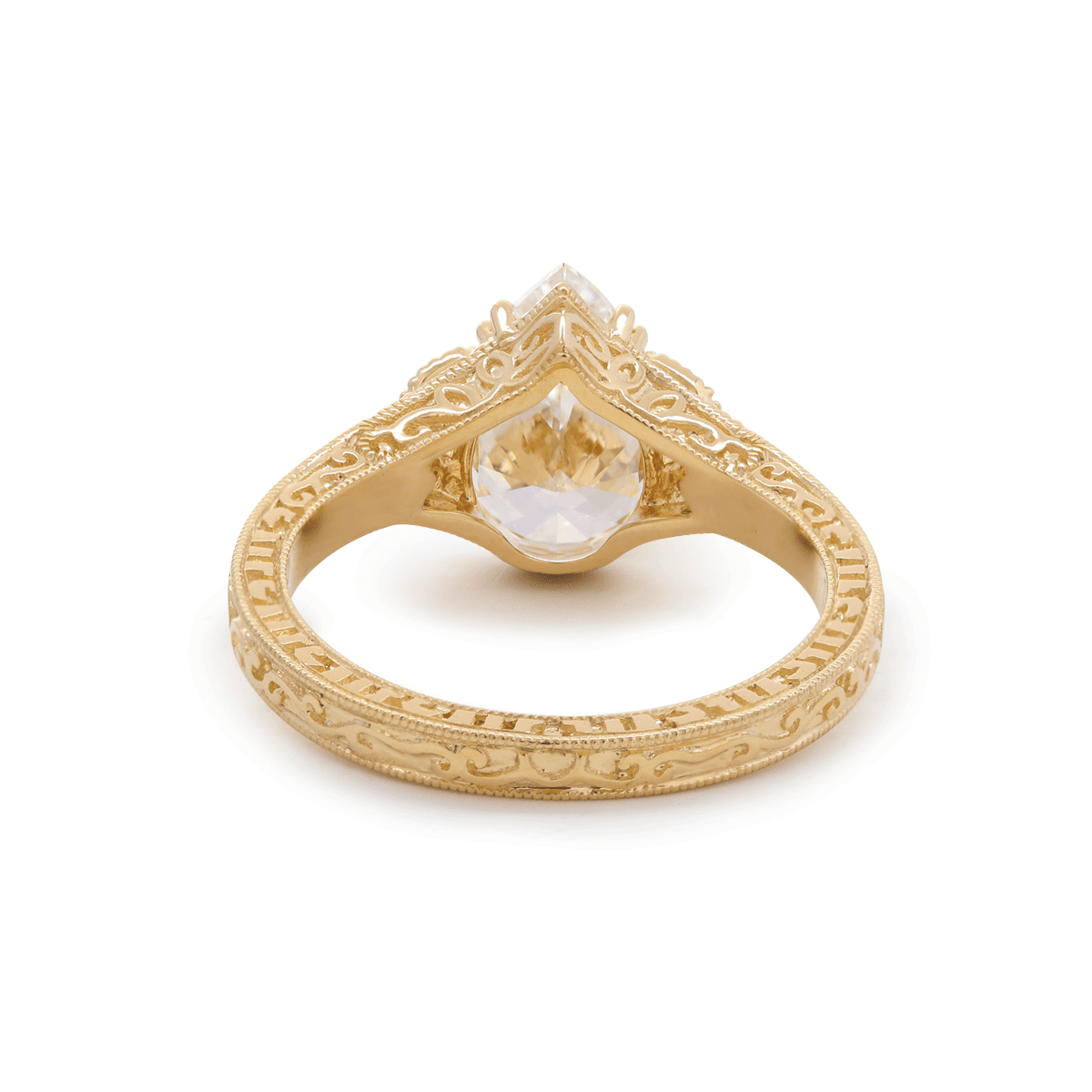 Pear Lab Diamond Ring with Round Lab Diamond and Lab Sapphire Side Stones — Millegrain Floral Engraving, Art Nouveau Nature-Inspired