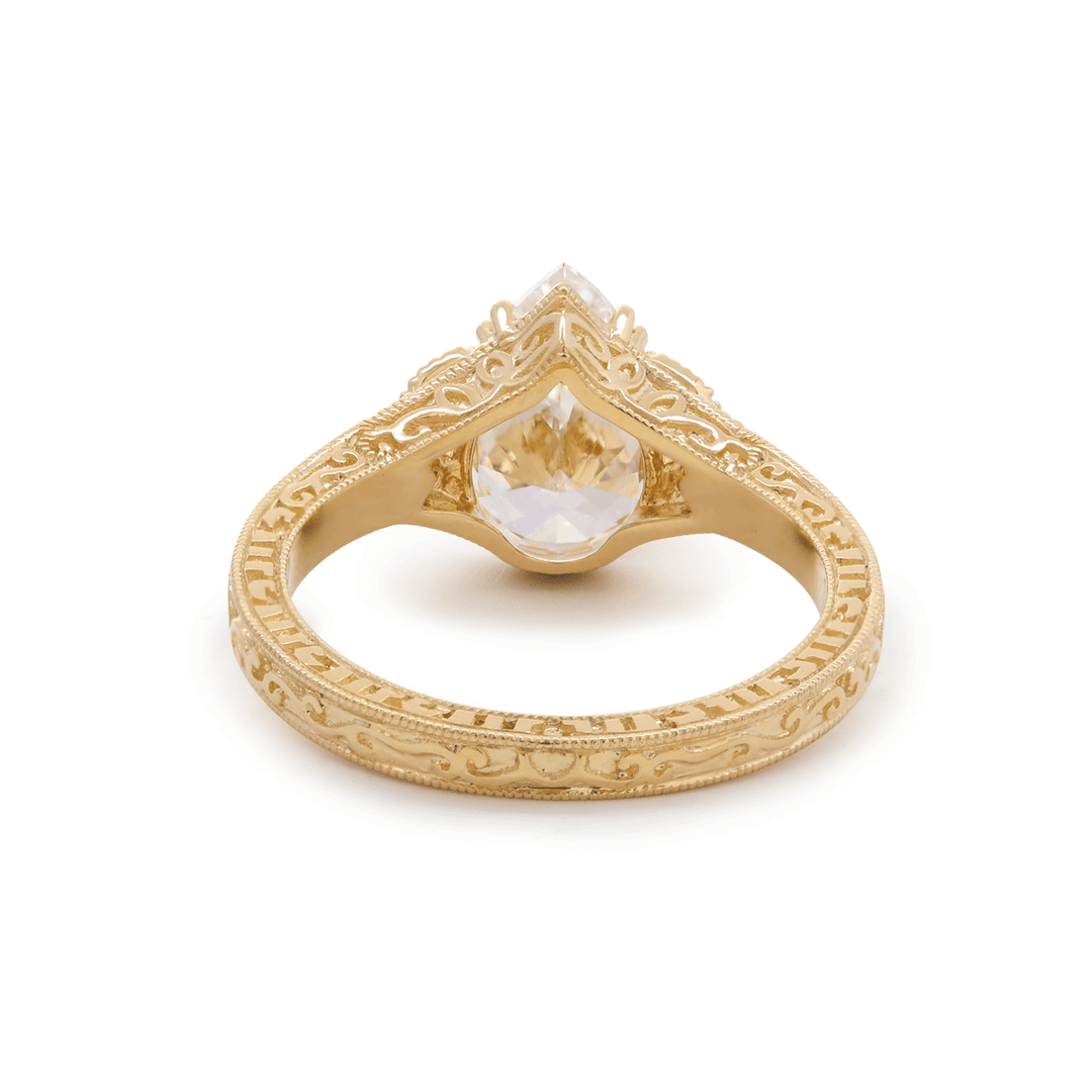 Pear Lab Diamond Ring with Round Lab Diamond and Lab Sapphire Side Stones — Millegrain Floral Engraving, Art Nouveau Nature - Inspired - FIORESE JEWELRY