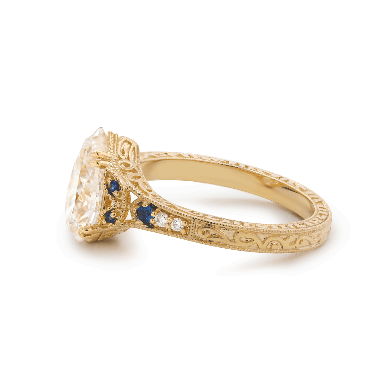 Pear Lab Diamond Ring with Round Lab Diamond and Lab Sapphire Side Stones — Millegrain Floral Engraving, Art Nouveau Nature-Inspired