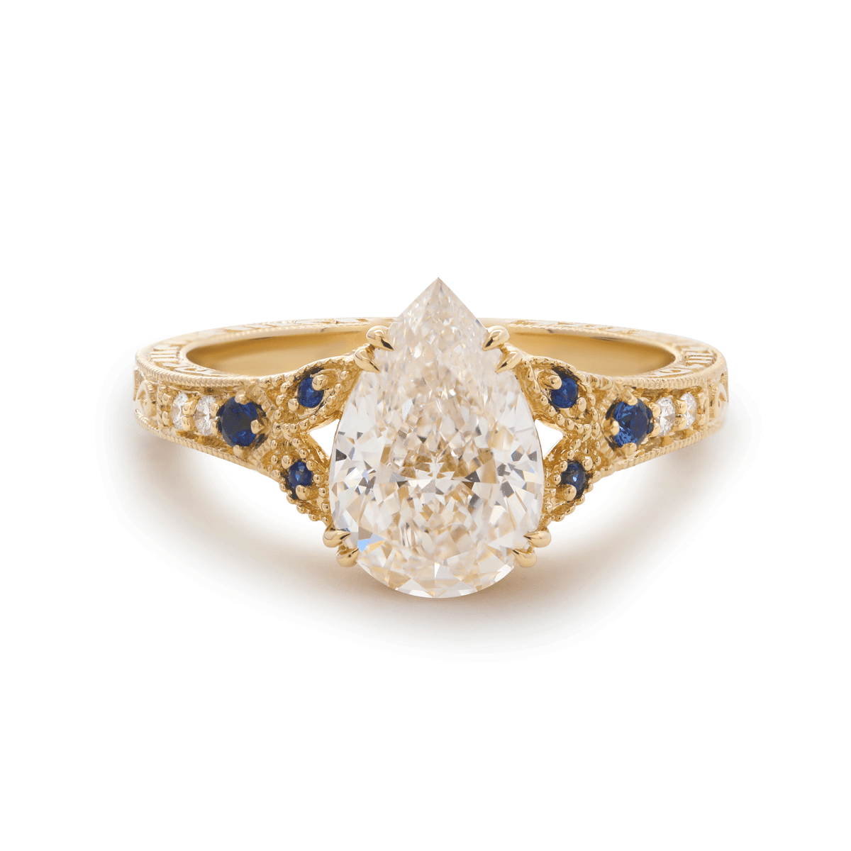 Pear Lab Diamond Ring with Round Lab Diamond and Lab Sapphire Side Stones — Millegrain Floral Engraving, Art Nouveau Nature - Inspired - FIORESE JEWELRY