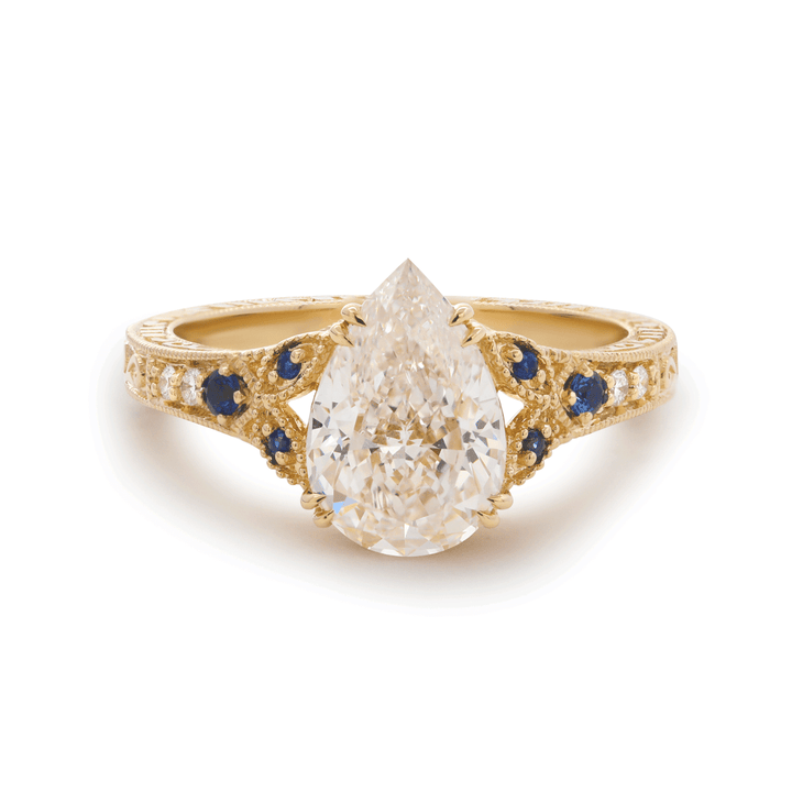 Pear Lab Diamond Ring with Round Lab Diamond and Lab Sapphire Side Stones — Millegrain Floral Engraving, Art Nouveau Nature - Inspired - FIORESE JEWELRY