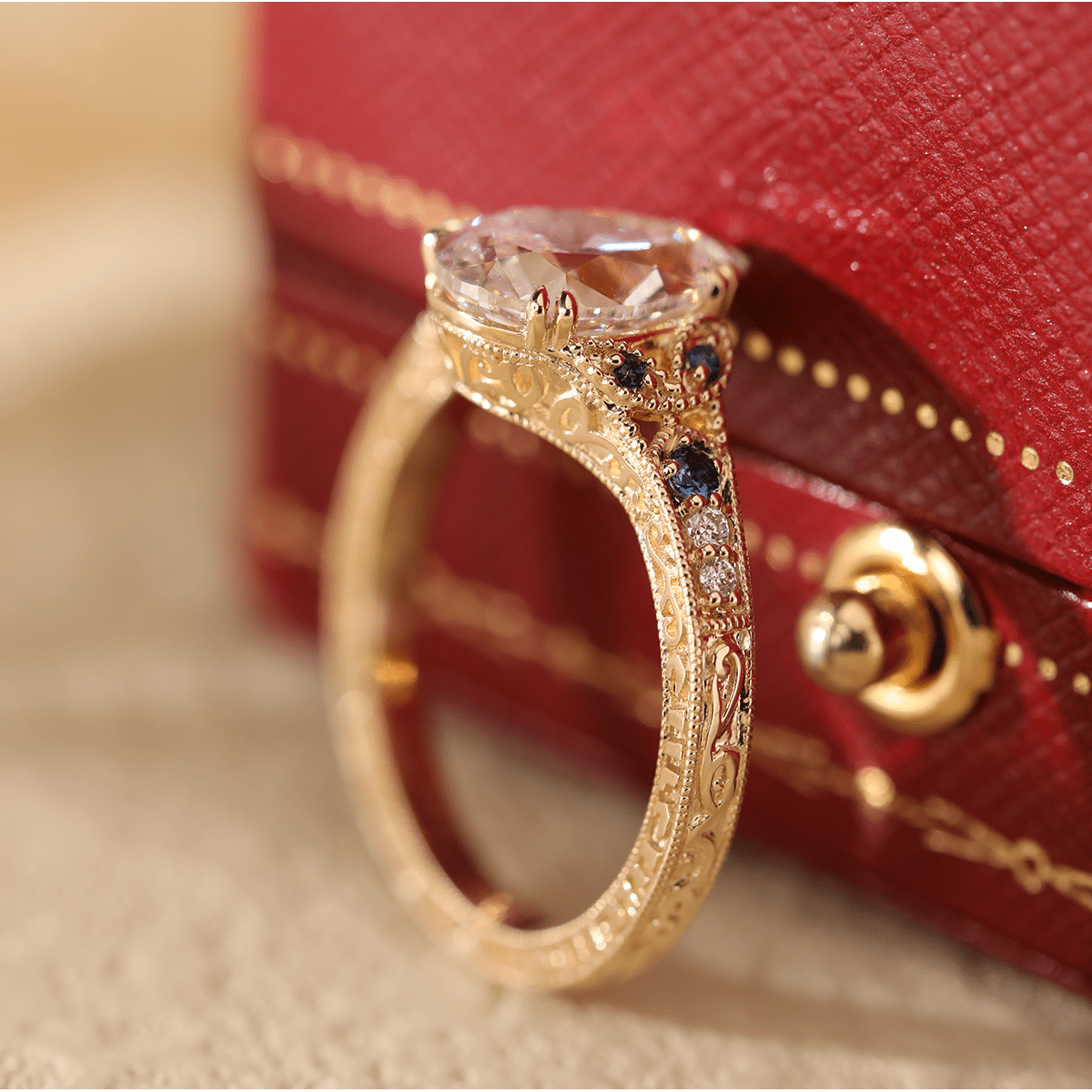 Pear Lab Diamond Ring with Round Lab Diamond and Lab Sapphire Side Stones — Millegrain Floral Engraving, Art Nouveau Nature-Inspired