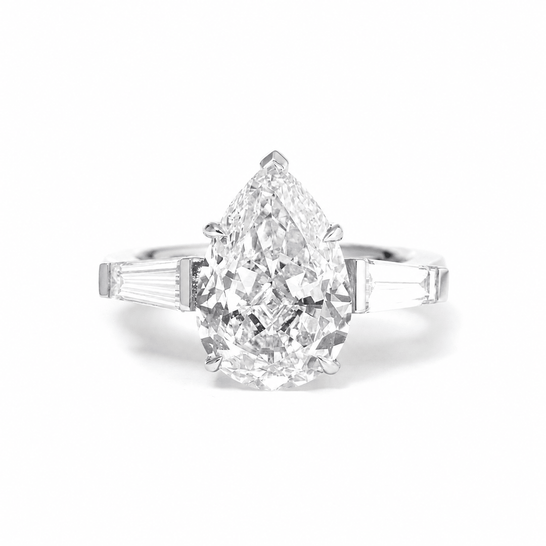 Pear Lab Diamond Three - Stone Ring with Tapered Baguette Side Stones - FIORESE JEWELRY