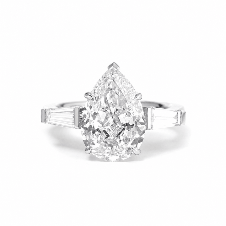 Pear Lab Diamond Three - Stone Ring with Tapered Baguette Side Stones - FIORESE JEWELRY