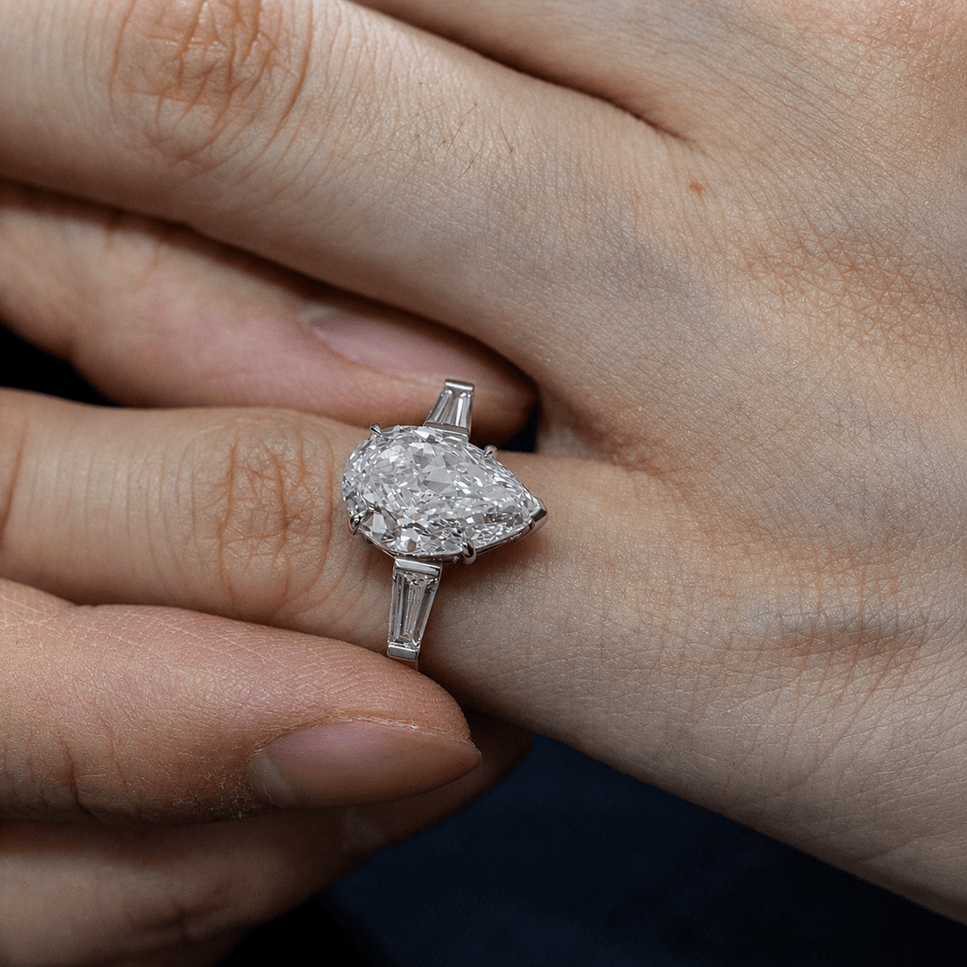 Pear Lab Diamond Three - Stone Ring with Tapered Baguette Side Stones - FIORESE JEWELRY