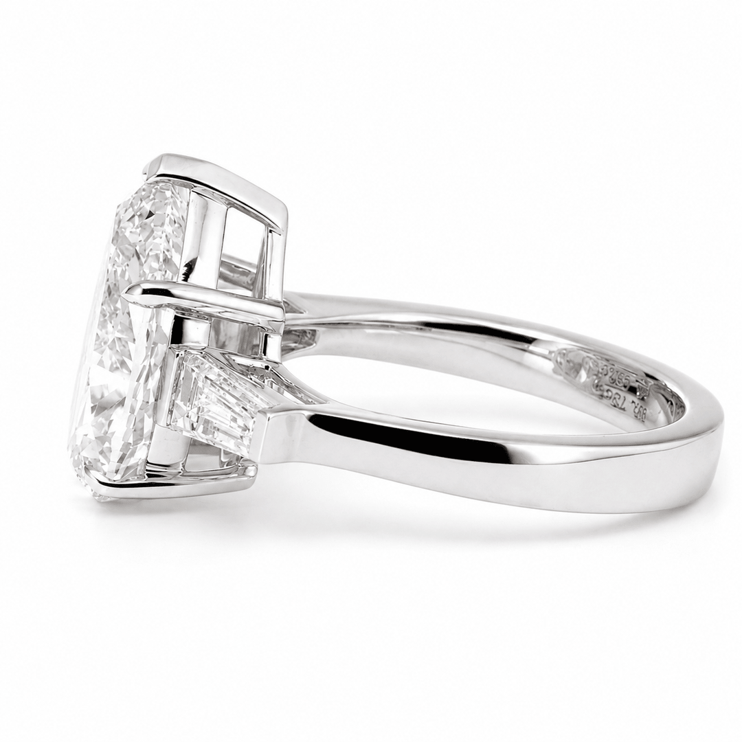 Pear Lab Diamond Three - Stone Ring with Tapered Baguette Side Stones - FIORESE JEWELRY
