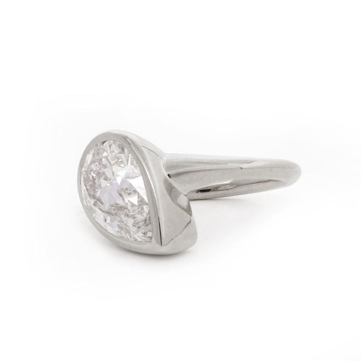 Pear Old Mine Cut Lab Diamond Bezel Bridal Set — Engagement Ring with Wavy Matching Band