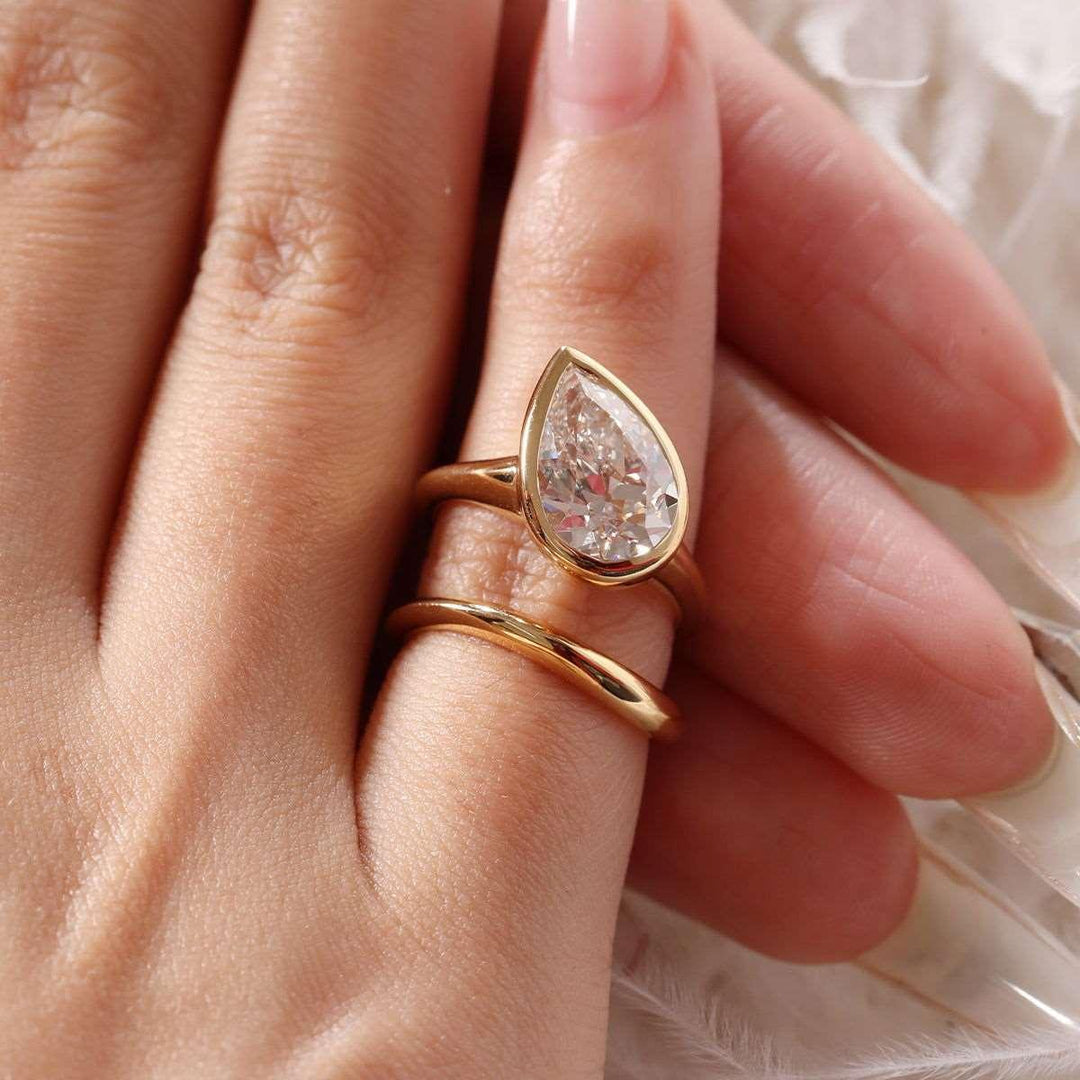 Pear Old Mine Cut Lab Diamond Bezel Bridal Set — Engagement Ring with Wavy Matching Band - FIORESE JEWELRY