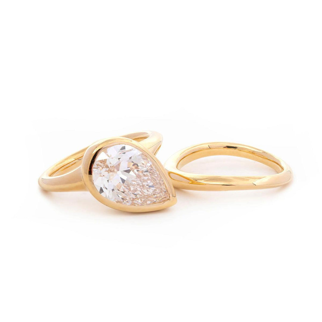 Pear Old Mine Cut Lab Diamond Bezel Bridal Set — Engagement Ring with Wavy Matching Band - FIORESE JEWELRY