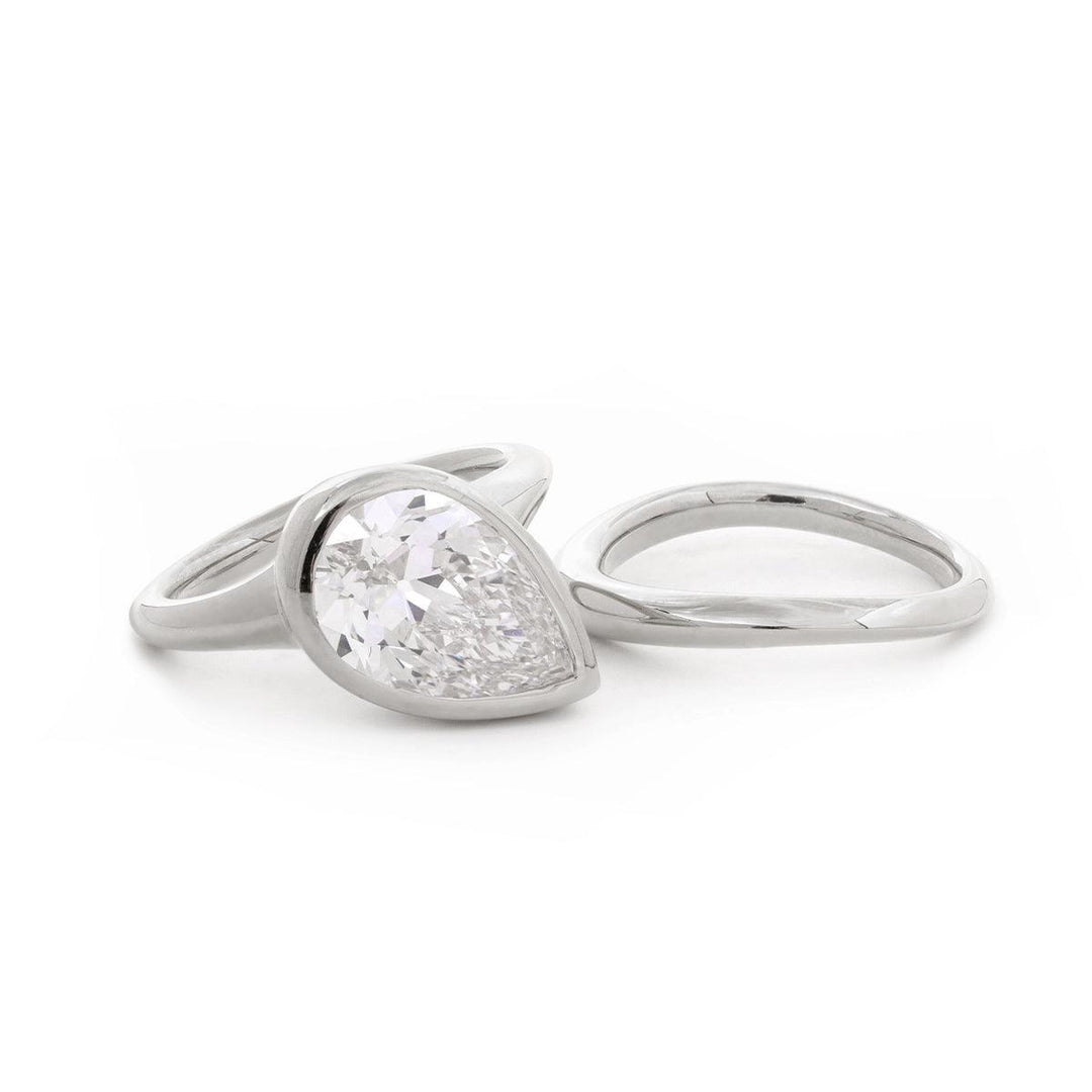 Pear Old Mine Cut Lab Diamond Bezel Bridal Set — Engagement Ring with Wavy Matching Band - FIORESE JEWELRY