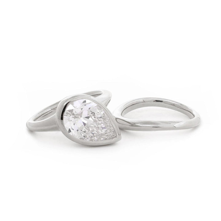 Pear Old Mine Cut Lab Diamond Bezel Bridal Set — Engagement Ring with Wavy Matching Band - FIORESE JEWELRY