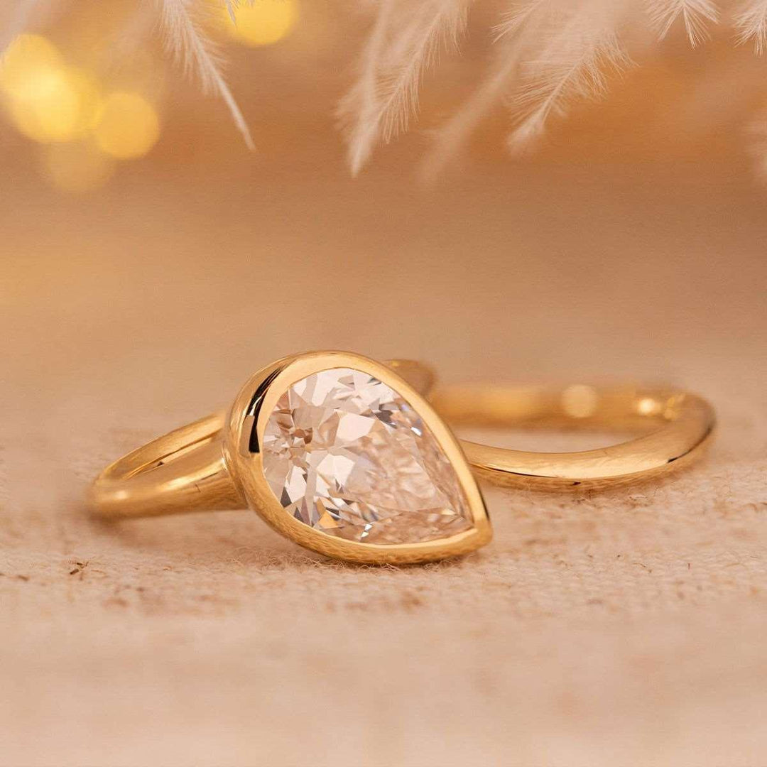 Pear Old Mine Cut Lab Diamond Bezel Bridal Set — Engagement Ring with Wavy Matching Band - FIORESE JEWELRY
