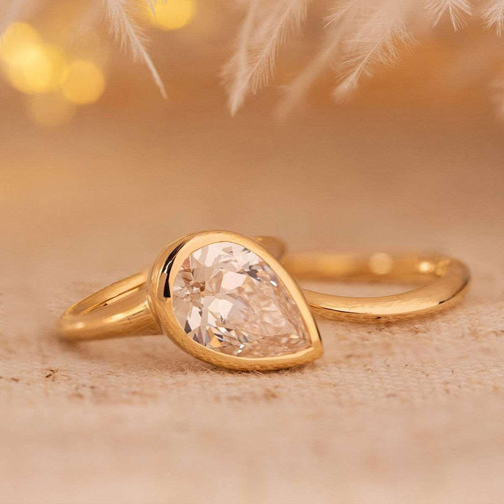 Pear Old Mine Cut Lab Diamond Bezel Bridal Set — Engagement Ring with Wavy Matching Band - FIORESE JEWELRY