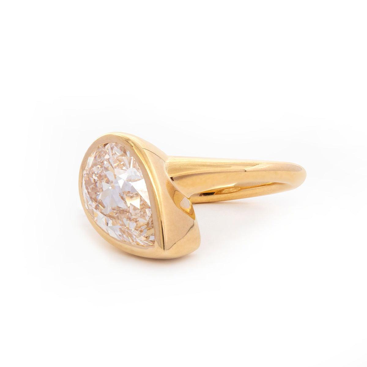 Pear Old Mine Cut Lab Diamond Bezel Bridal Set — Engagement Ring with Wavy Matching Band