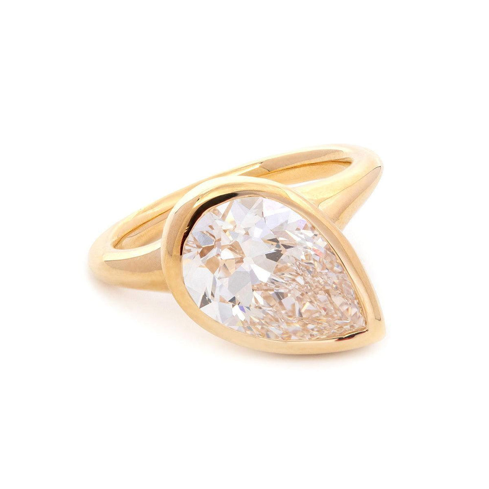 Pear Old Mine Cut Lab Diamond Bezel Bridal Set — Engagement Ring with Wavy Matching Band - FIORESE JEWELRY