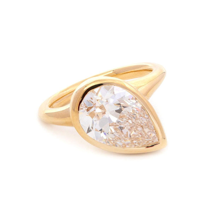 Pear Old Mine Cut Lab Diamond Bezel Bridal Set — Engagement Ring with Wavy Matching Band - FIORESE JEWELRY
