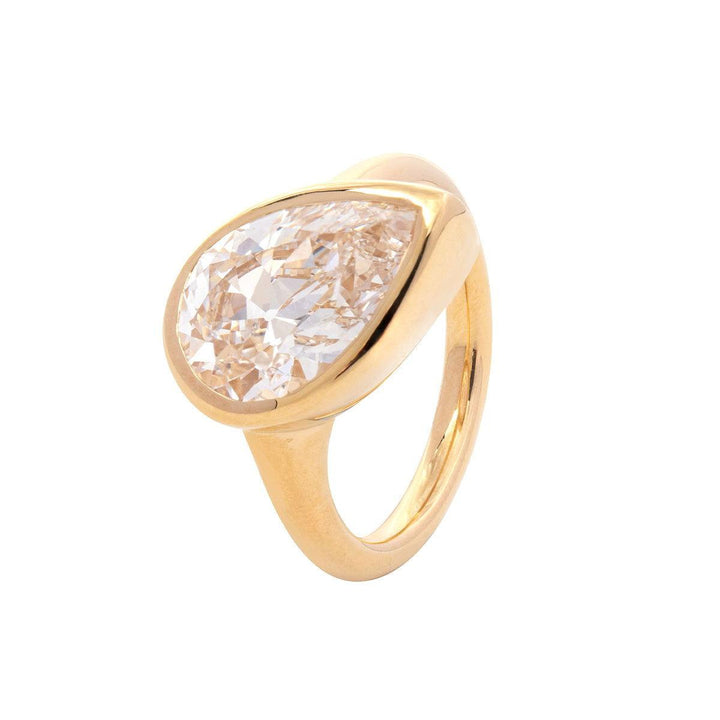 Pear Old Mine Cut Lab Diamond Bezel Bridal Set — Engagement Ring with Wavy Matching Band - FIORESE JEWELRY