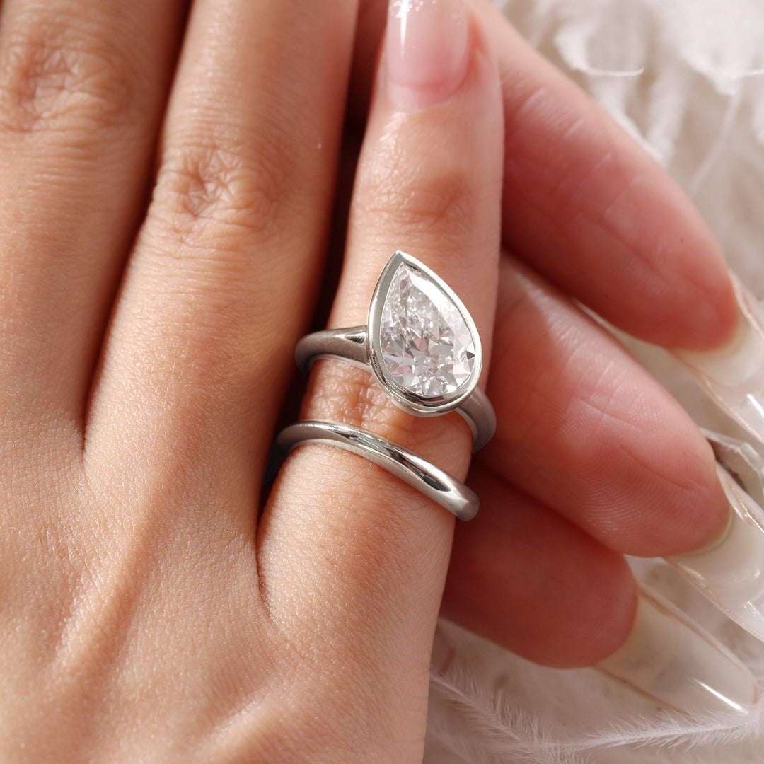 Pear Old Mine Cut Lab Diamond Bezel Bridal Set — Engagement Ring with Wavy Matching Band - FIORESE JEWELRY