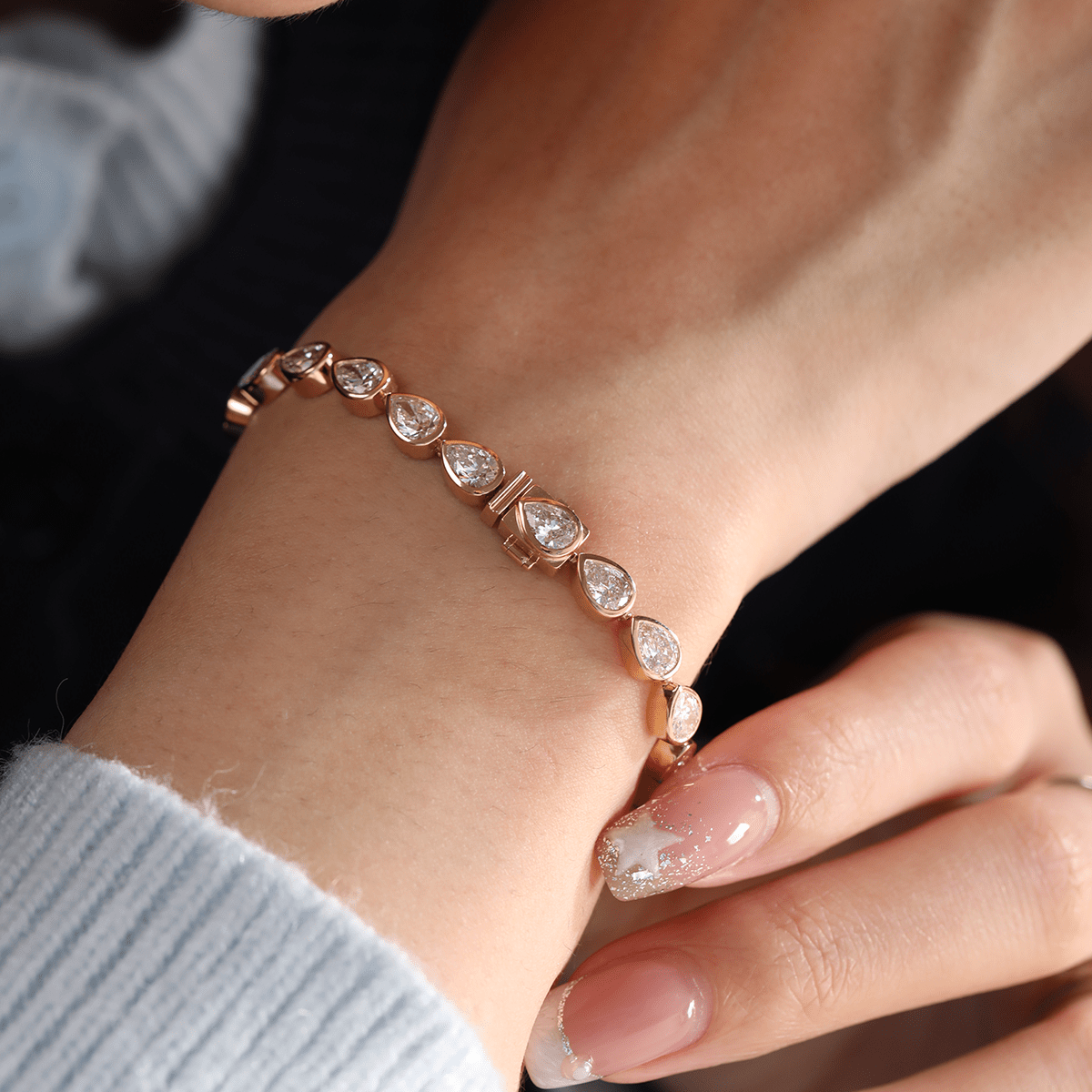 Pear - Shaped Lab Diamond Bezel - Set Tennis Bracelet with Box Clasp - FIORESE JEWELRY