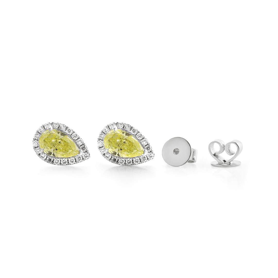 Platinum 1.5 ct tw Pear Shaped Fancy Yellow Lab Diamond Stud Earrings with Round Lab Diamond Halo - FIORESE JEWELRY