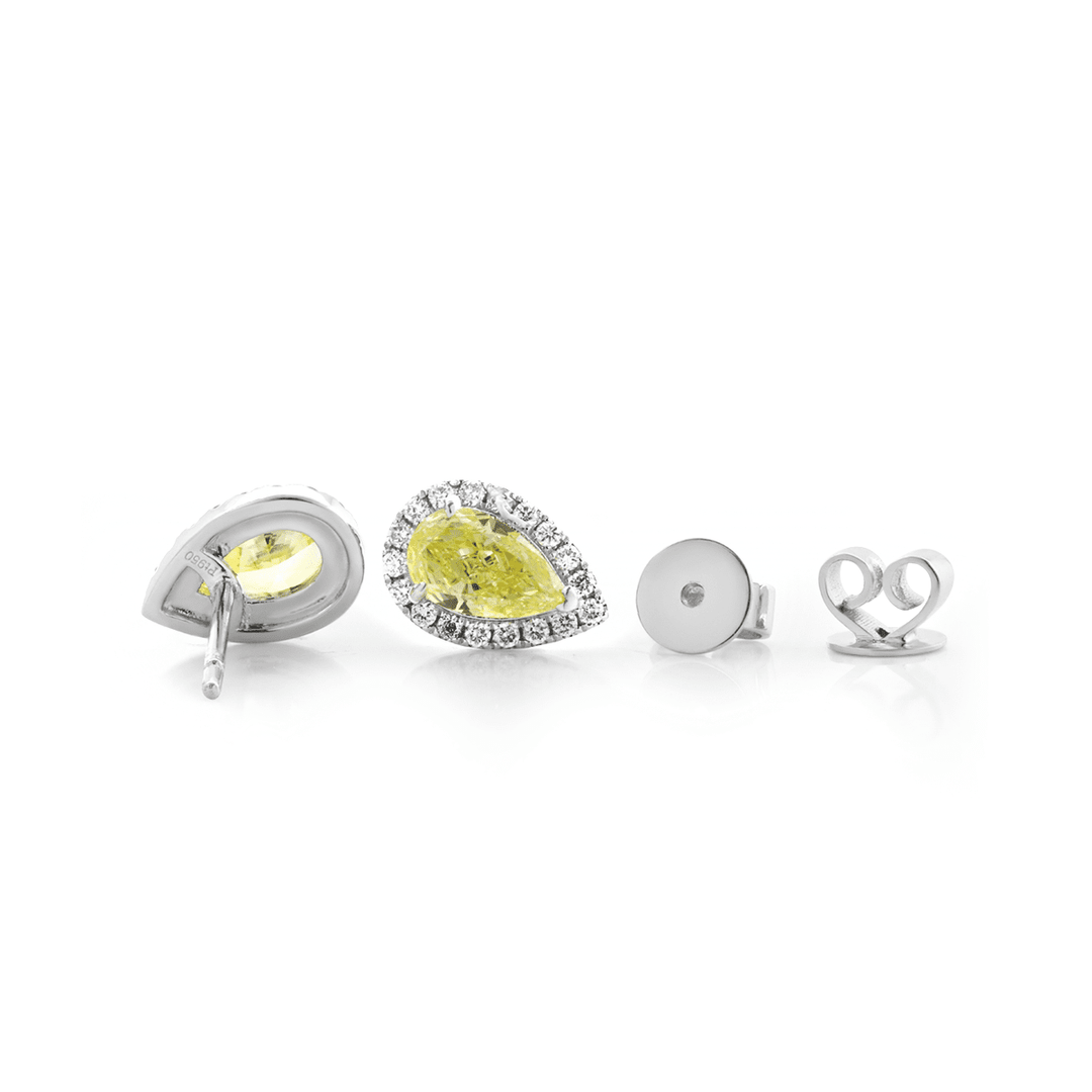 Platinum 1.5 ct tw Pear Shaped Fancy Yellow Lab Diamond Stud Earrings with Round Lab Diamond Halo - FIORESE JEWELRY