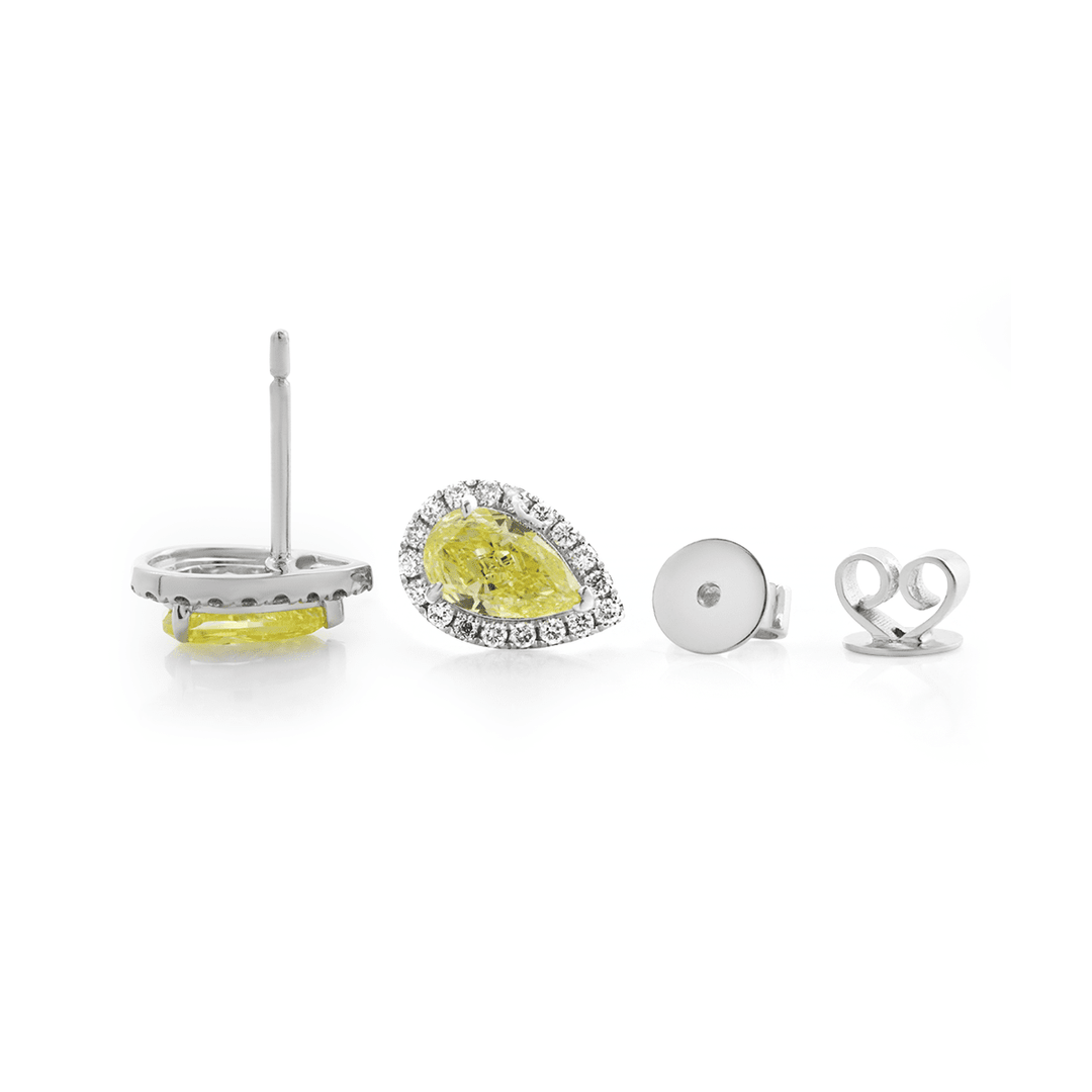 Platinum 1.5 ct tw Pear Shaped Fancy Yellow Lab Diamond Stud Earrings with Round Lab Diamond Halo - FIORESE JEWELRY