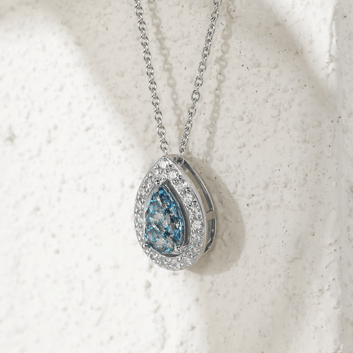 Platinum 1ct Pear Shaped Fancy Blue Lab Diamond Pendant Necklace with Round Lab Diamond Halo - FIORESE JEWELRY