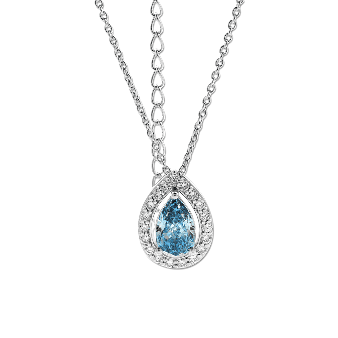 Platinum 1ct Pear Shaped Fancy Blue Lab Diamond Pendant Necklace with Round Lab Diamond Halo - FIORESE JEWELRY