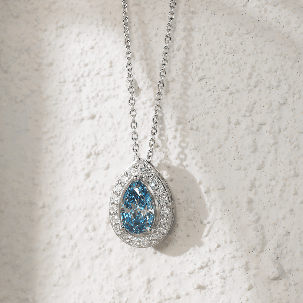 Platinum 1ct Pear Shaped Fancy Blue Lab Diamond Pendant Necklace with Round Lab Diamond Halo - FIORESE JEWELRY
