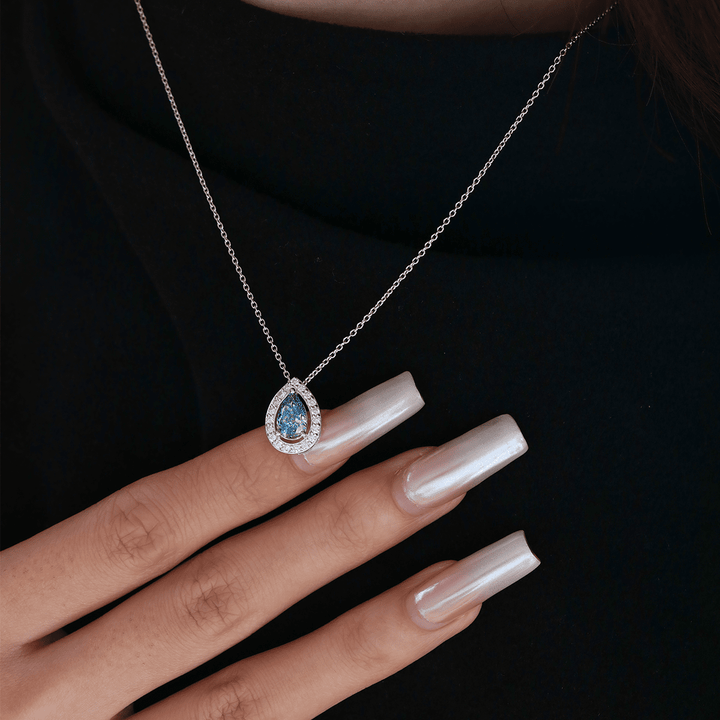 Platinum 1ct Pear Shaped Fancy Blue Lab Diamond Pendant Necklace with Round Lab Diamond Halo - FIORESE JEWELRY