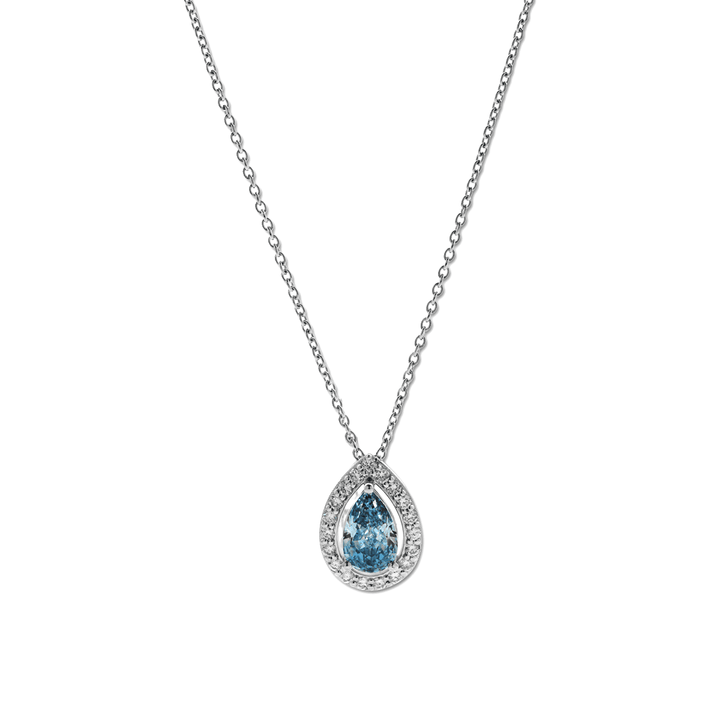 Platinum 1ct Pear Shaped Fancy Blue Lab Diamond Pendant Necklace with Round Lab Diamond Halo - FIORESE JEWELRY