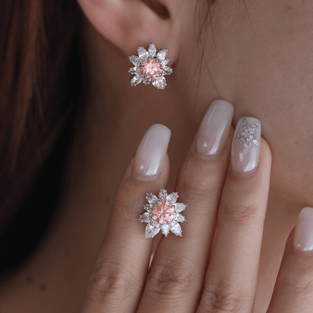 Platinum 2 ct tw Pink Round Cut Lab Dimaond Floral Nature - Inspired Stud Earrings - FIORESE JEWELRY