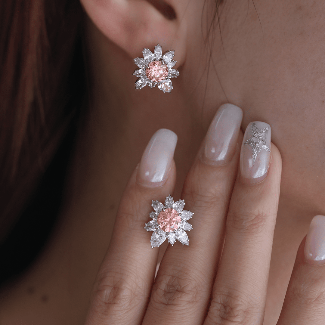 Platinum 2 ct tw Pink Round Cut Lab Dimaond Floral Nature - Inspired Stud Earrings - FIORESE JEWELRY