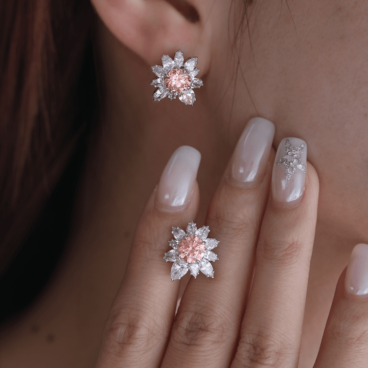 Platinum 2 ct tw Pink Round Cut Lab Dimaond Floral Nature - Inspired Stud Earrings - FIORESE JEWELRY