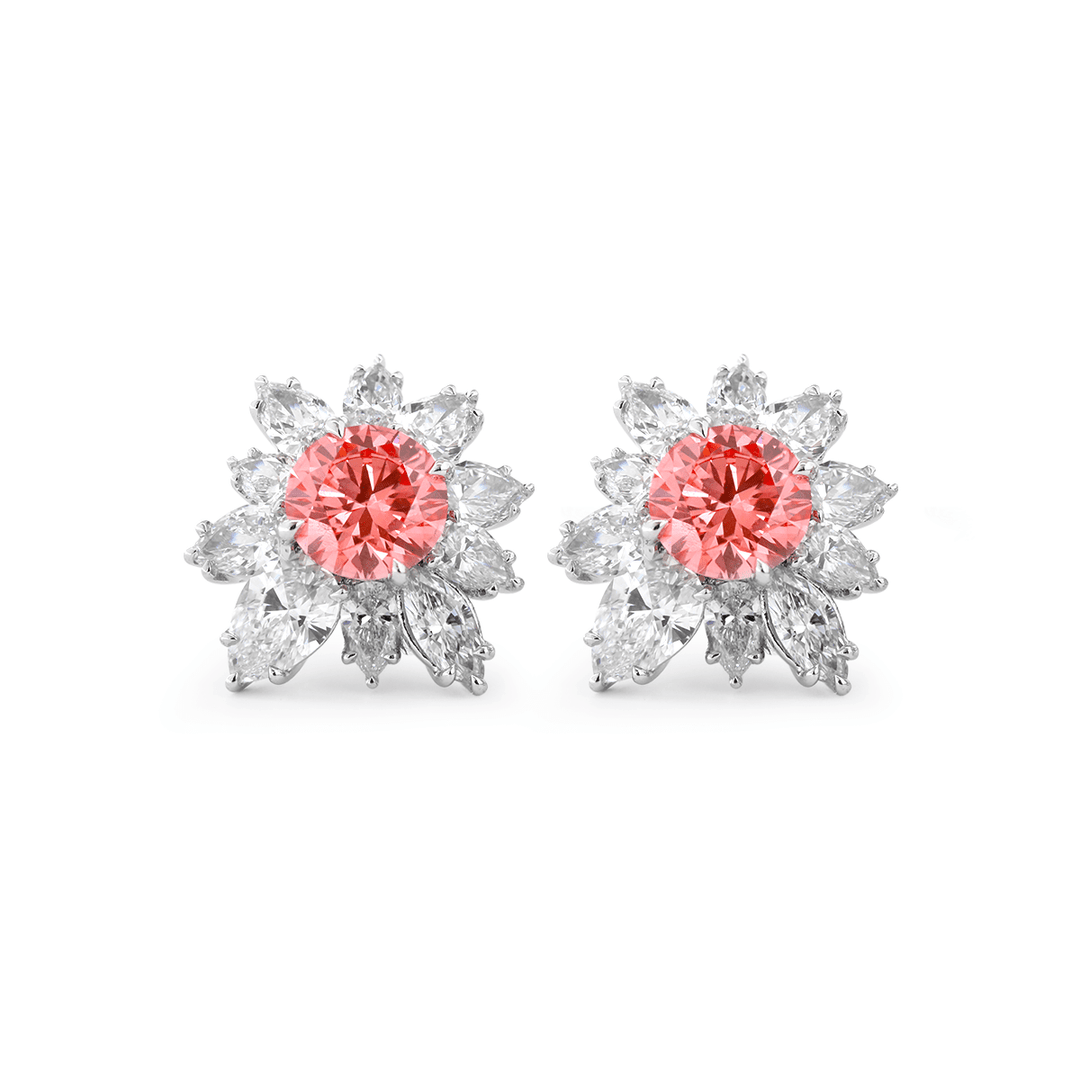 Platinum 2 ct tw Pink Round Cut Lab Dimaond Floral Nature - Inspired Stud Earrings - FIORESE JEWELRY
