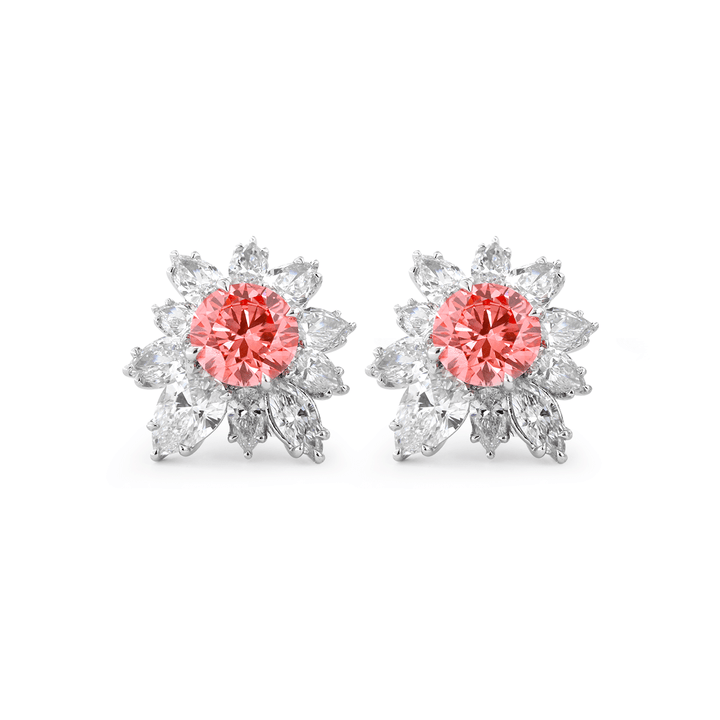 Platinum 2 ct tw Pink Round Cut Lab Dimaond Floral Nature - Inspired Stud Earrings - FIORESE JEWELRY