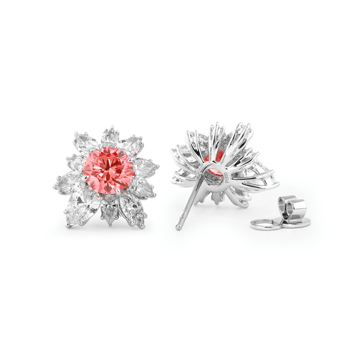 Platinum 2 ct tw Pink Round Cut Lab Dimaond Floral Nature - Inspired Stud Earrings - FIORESE JEWELRY