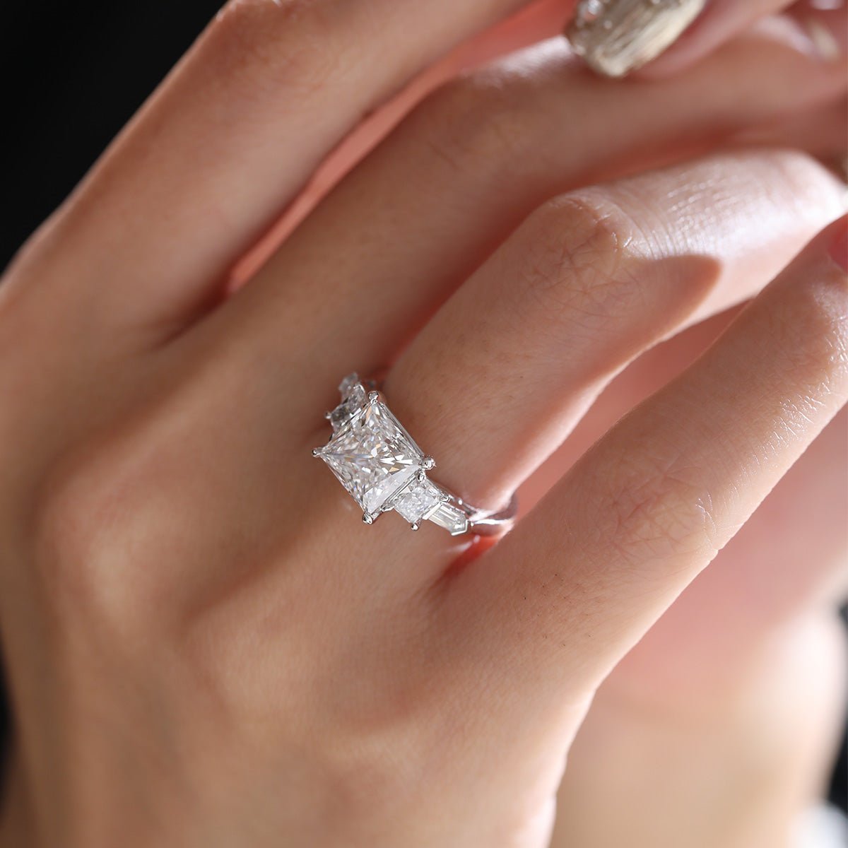 Platinum 2.5ct Princess Cut Lab Diamond 5 Stone Engagement Ring with Radiant Cut and Bullet Cut Side - stones - FIORESE JEWELRY