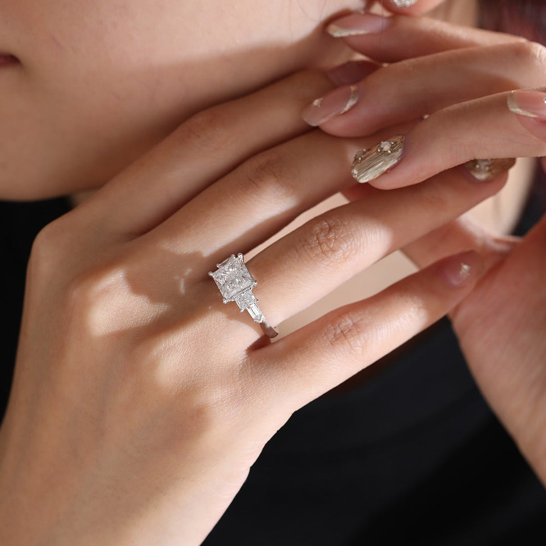 Platinum 2.5ct Princess Cut Lab Diamond 5 Stone Engagement Ring with Radiant Cut and Bullet Cut Side - stones - FIORESE JEWELRY