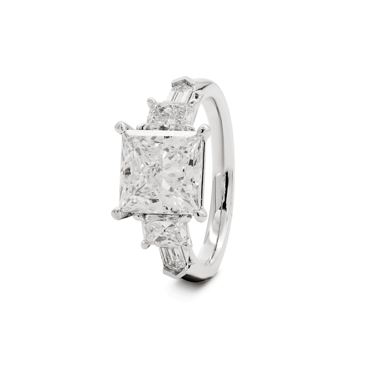 Platinum 2.5ct Princess Cut Lab Diamond 5 Stone Engagement Ring with Radiant Cut and Bullet Cut Side - stones - FIORESE JEWELRY