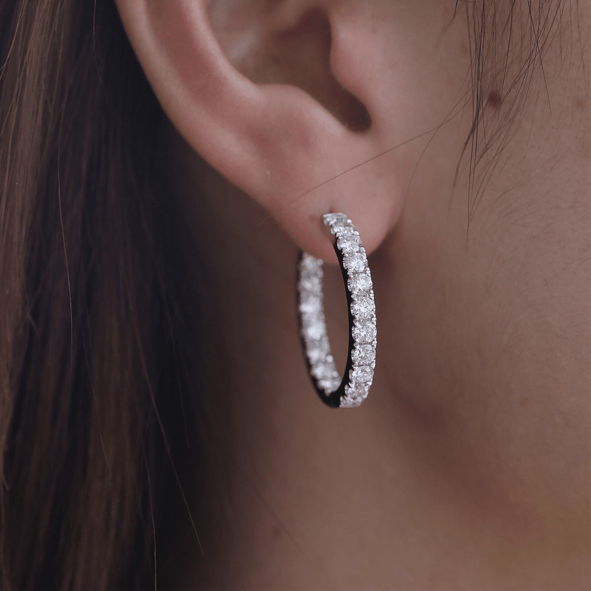 Platinum 3.2 ct tw Round Cut Diamond Hoop Earrings - FIORESE JEWELRY