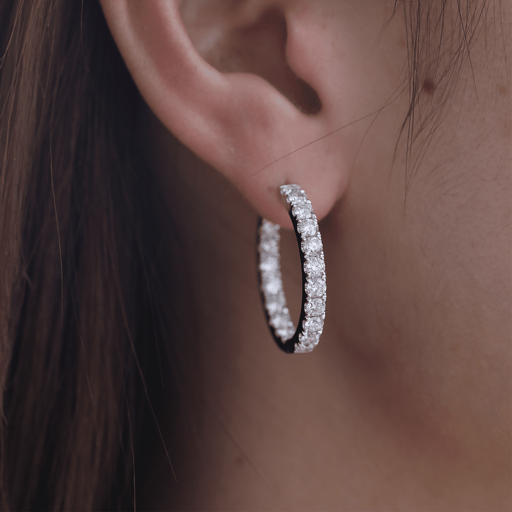 Platinum 3.2 ct tw Round Cut Diamond Hoop Earrings - FIORESE JEWELRY