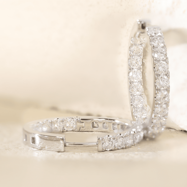 Platinum 3.2 ct tw Round Cut Diamond Hoop Earrings - FIORESE JEWELRY